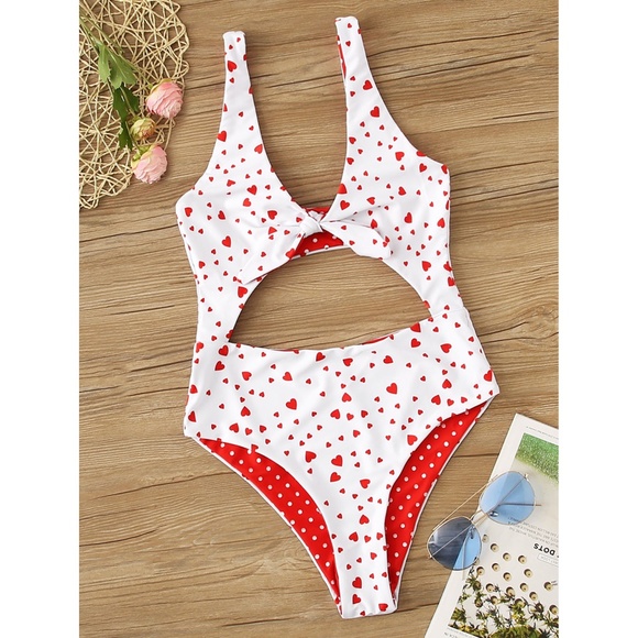 MBM Unlimited Other - White Heart Print Cut Out Knot One Piece Swimsuit